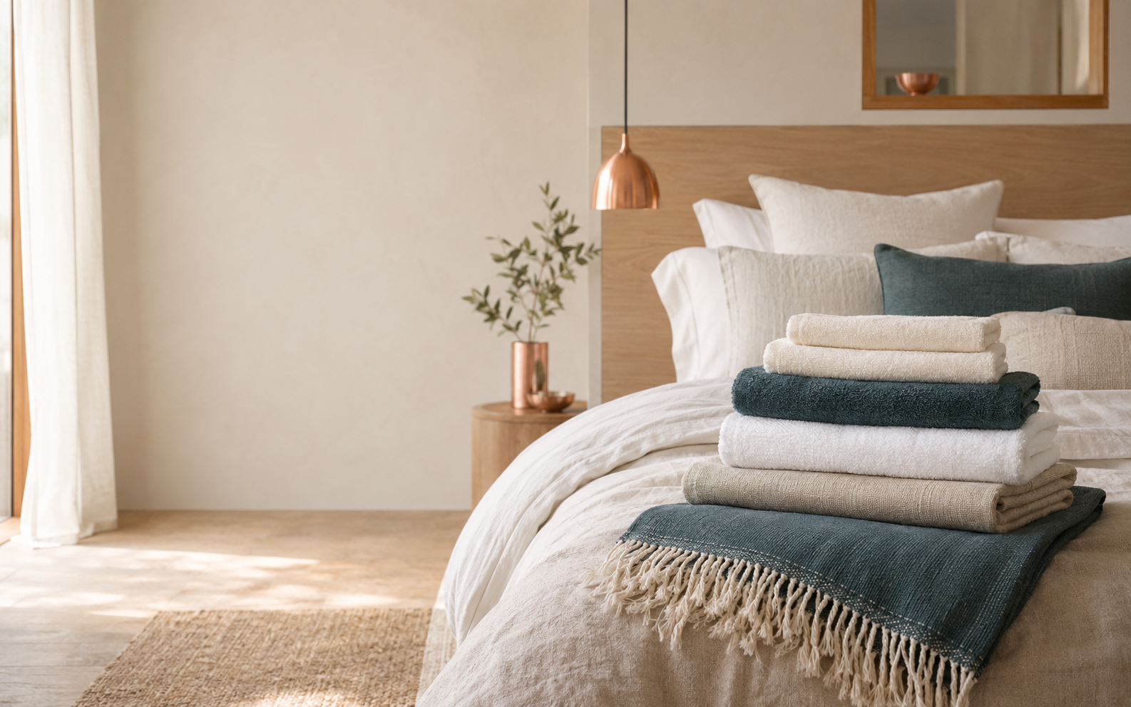 Dormitor luminos amenajat cu textile în tonuri naturale